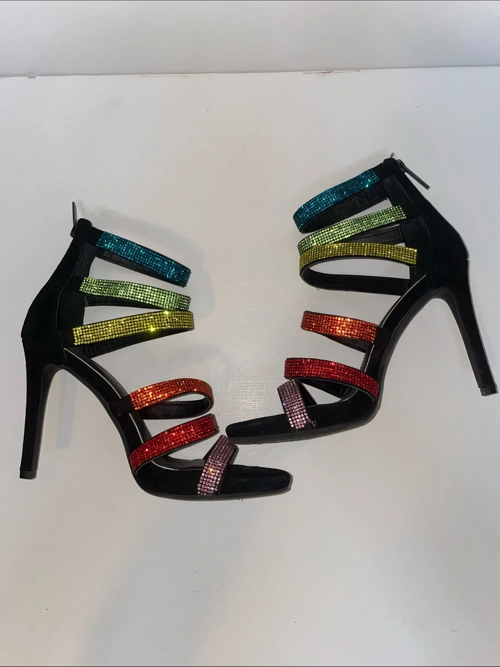 Gianni Bini Black Strappy High Heel Sandal with Multicolor Crystal Straps - Sz 7